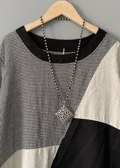 Plaid Print O Neck Patchwork Cotton Mid Dress Summer