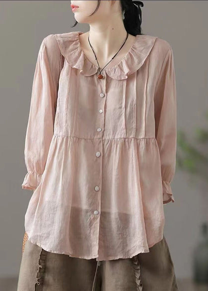 Champagne Color Peter Pan Collar Button Cotton Shirt Fall