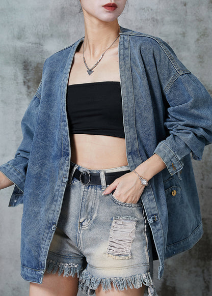 Navy Oversized Chinese Button Denim Coats Spring