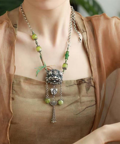 Green Sterling Silver Jade Tassel Lariat Necklace
