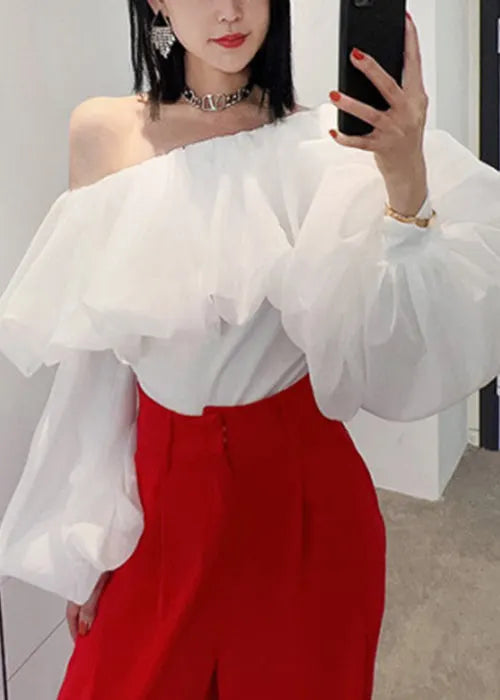 White Ruffled Chiffon Shirts Slash Neck Puff Sleeve