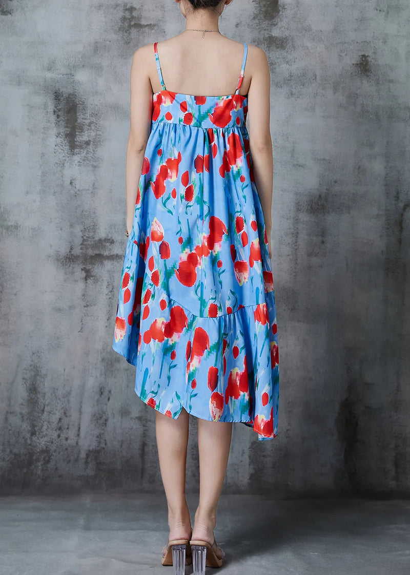 Blue Asymmetrical Print Cotton Summer Dress