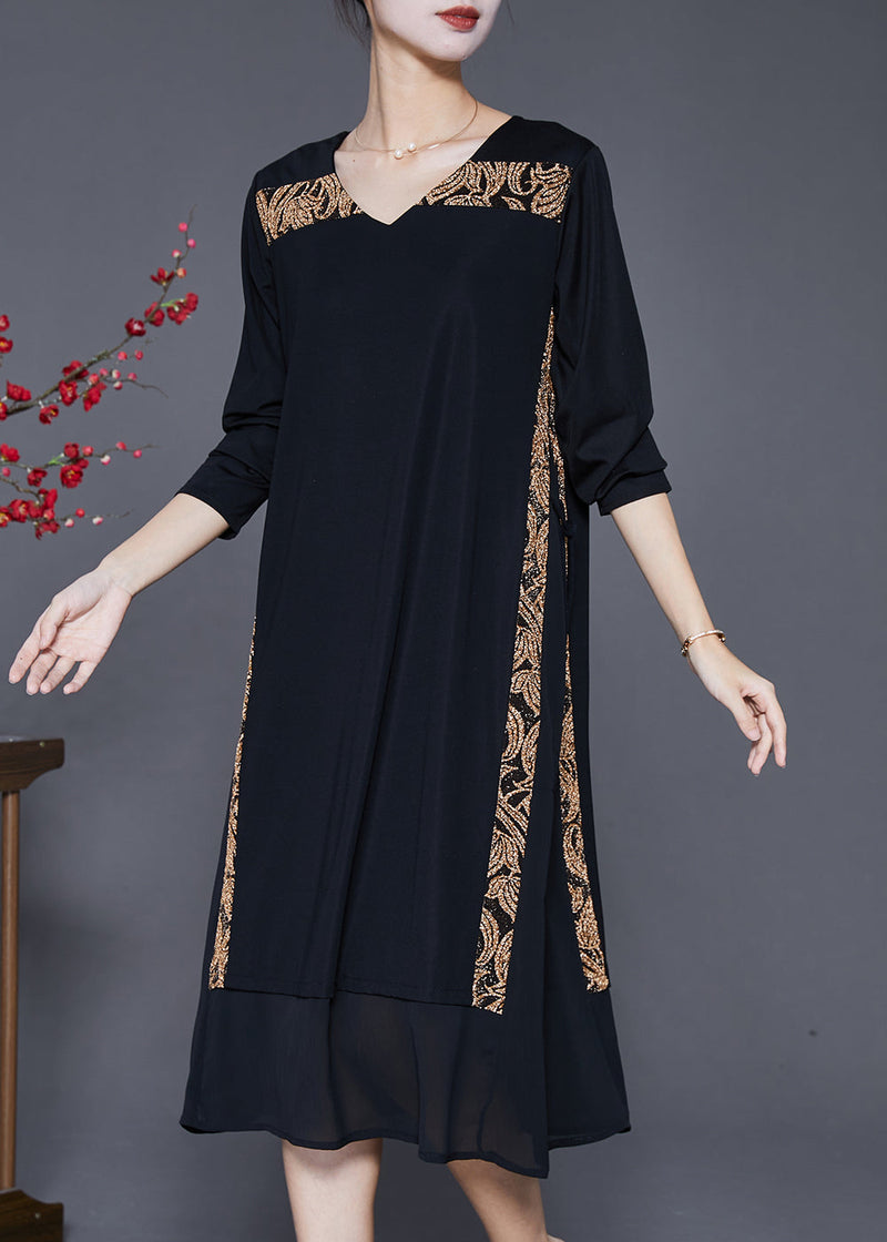 Art Black V Neck Patchwork Chiffon Fake Two Piece Dress Fall