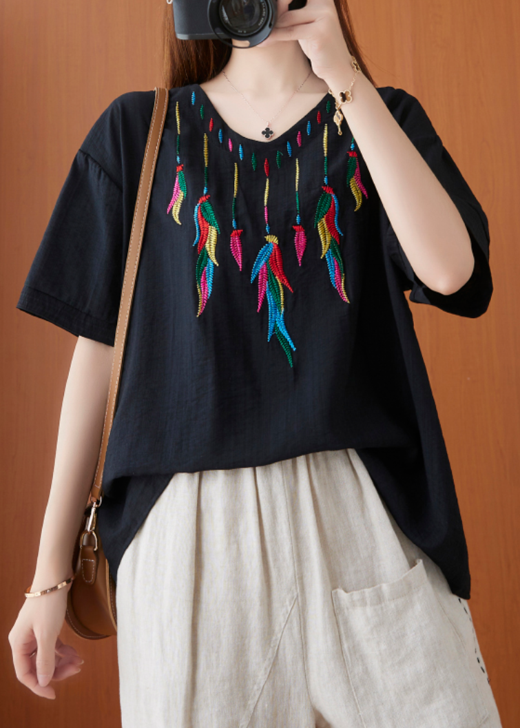 Black V Neckembroideried Cotton Top Short Sleeve