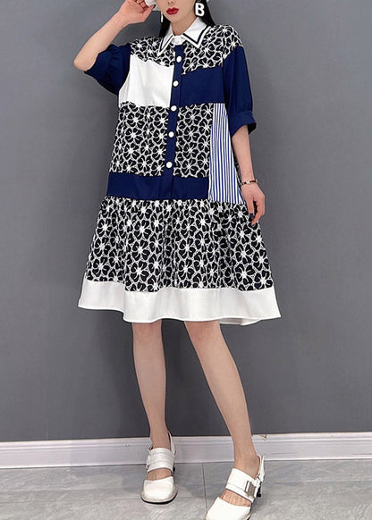 Grey Peter Pan Collar Print Patchwork Button Chiffon Dress Half Sleeve