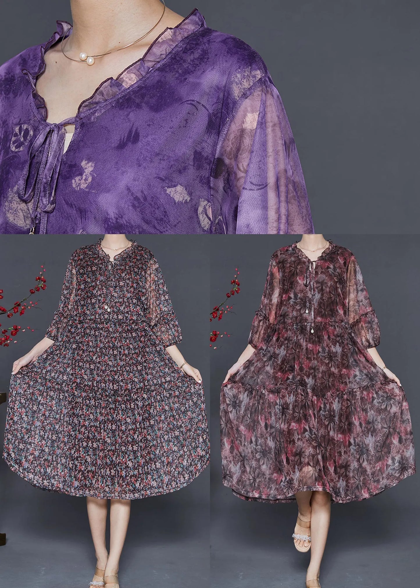 Red Ruffled Print Chiffon Vacation Dresses Summer