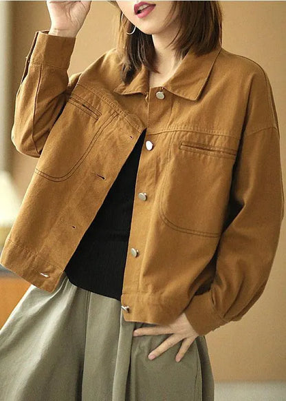 Brown Peter Pan Collar Pockets Button Fall Coats Long Sleeve