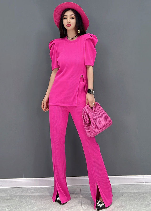 Slim Fit Red O-neck Side Open Cotton Two Piece Suit Set Short Sleeve