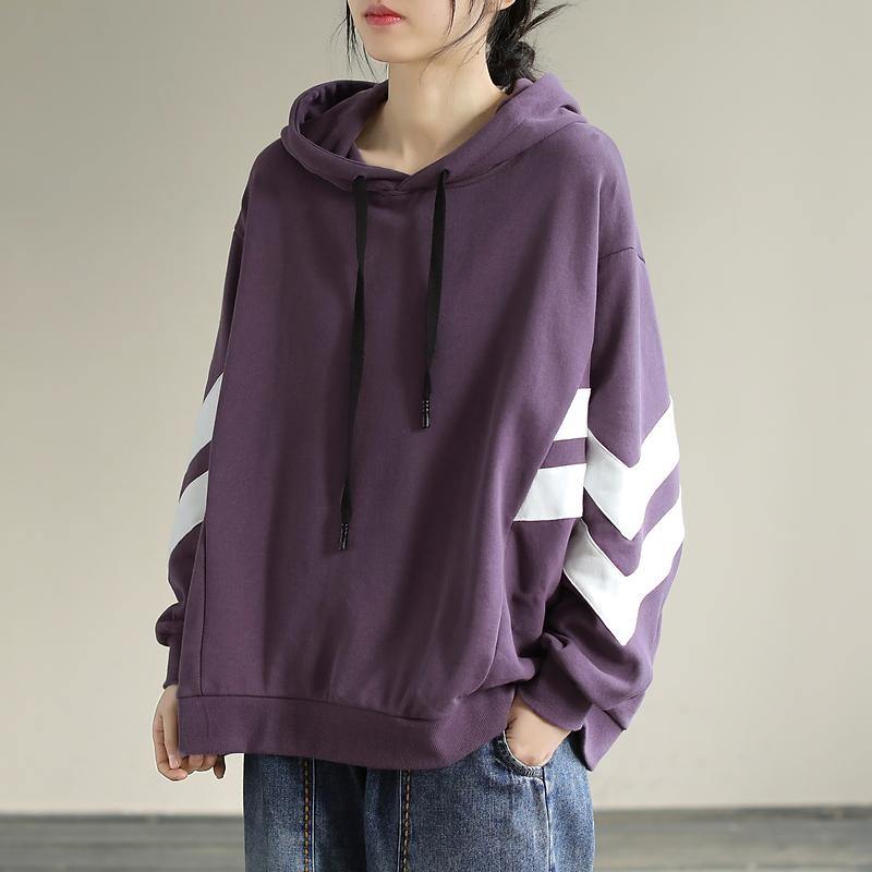 Hooded Cotton Spring Tunic Pattern Work Outfits Purple Sweatshirt