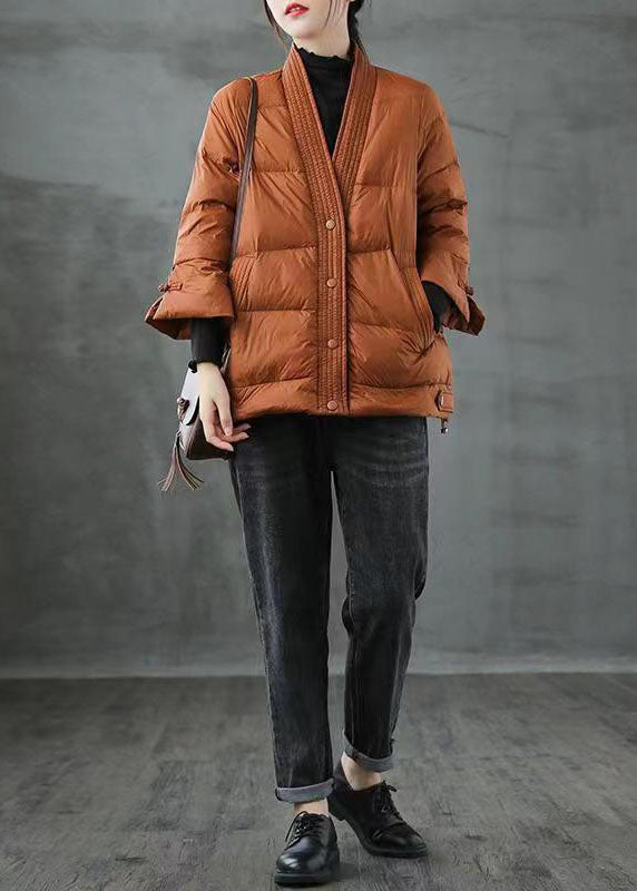 Caramel V Neck Button Thick Winter Jackets