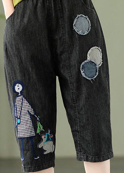 Blue Embroidered Print Elastic Waist Denim Crop Pants Summer