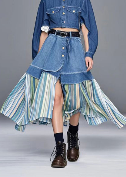 Blue Side Open Patchwork Striped Denim Skirt Spring