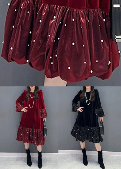 Black Zircon Patchwork Silk Velour Dress O Neck Long Sleeve