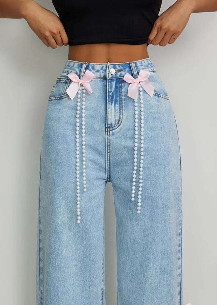 Blue High Waist Bow Pearl Tassel Wide Leg Jeans