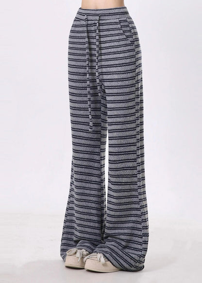 Grey Striped Cotton Bell-bottom Trousers Spring