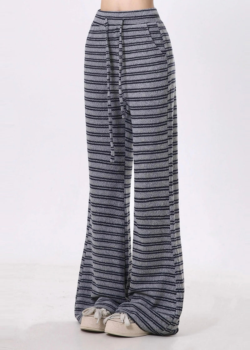 Grey Striped Cotton Bell-bottom Trousers Spring