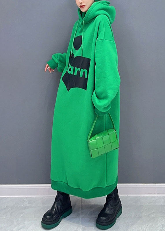 Green Print Cotton Hooded Maxi Dress Fall