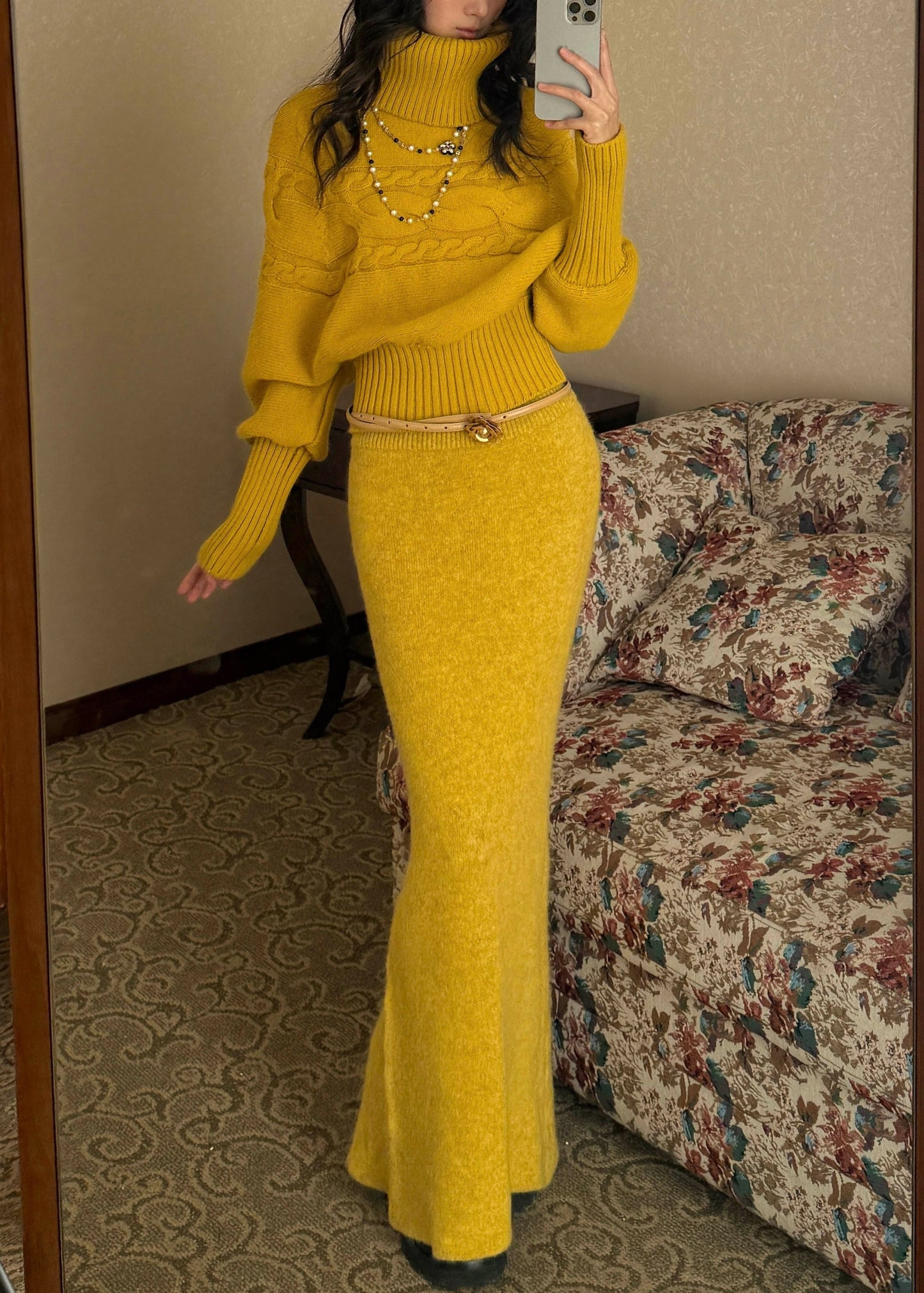 Yellow Turtleneck Patchwork Cotton Knit Sweater and Maxi Skirts Two Piece Set Fall