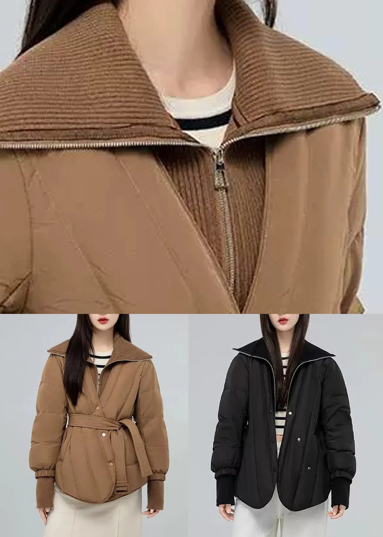 New Khaki Stand Collar Tie Waist Patchwork Duck Down Down Coat Winter