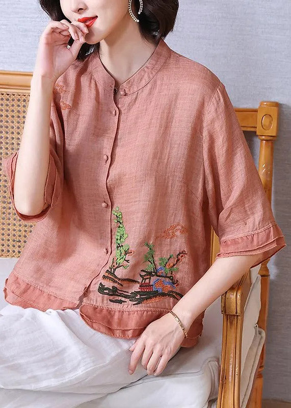 Pink Stand Collar Embroideried Button Linen Shirt Half Sleeve