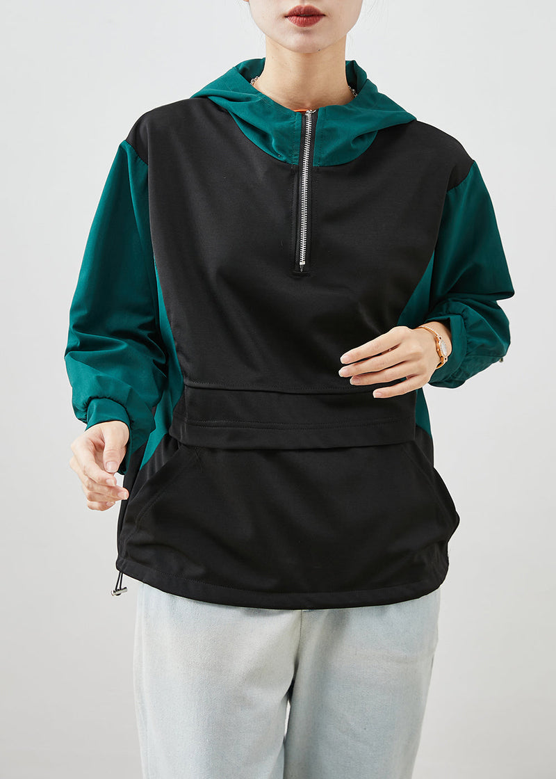 Black Zip Up Patchwork Drawstring Cotton Sweatshirts Top Fall