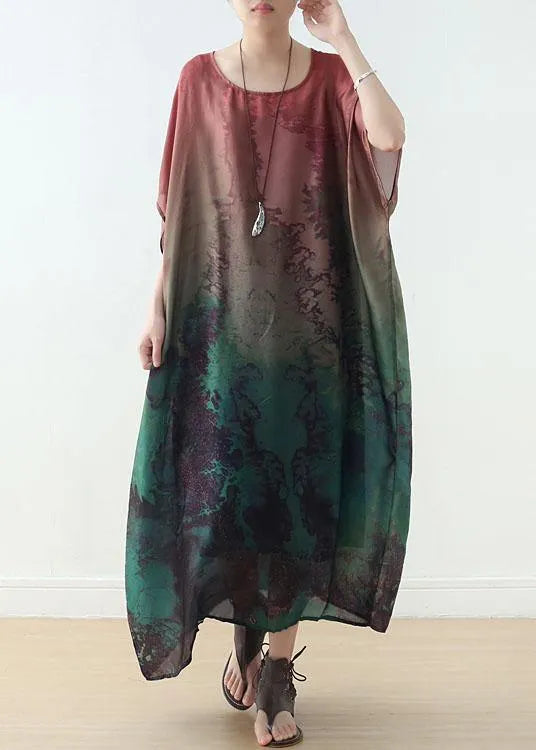 Diy Green Print Chiffon Batwing Sleeve Summer Long Dresses