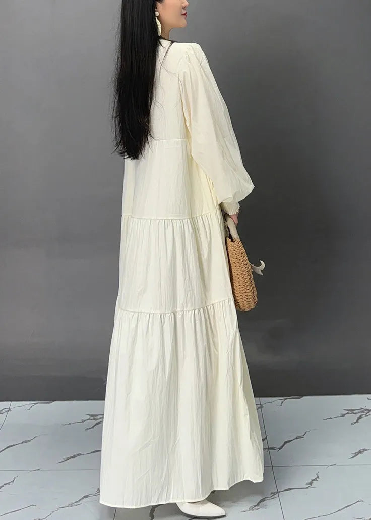 Beige Button Print Pockets Cotton Dresses Fall
