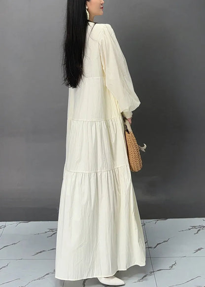 Beige Button Print Pockets Cotton Dresses Fall