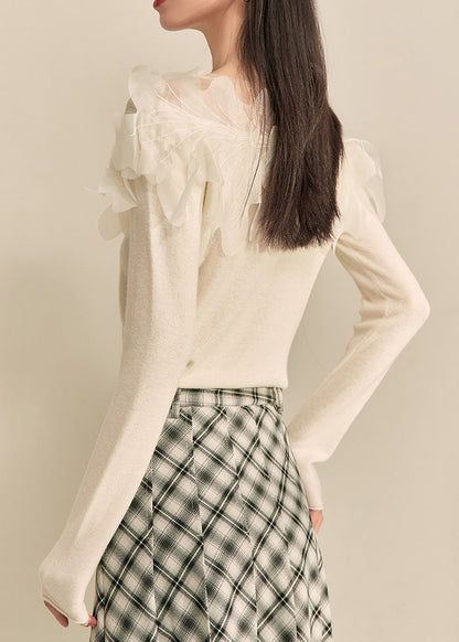 Classy White Patchwork Knit Top Spring