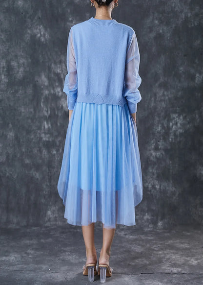 Unique Blue Exra Large Hem Patchwork Knit Dress Spring