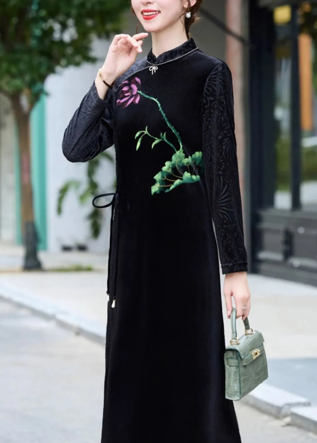 Black Print Tie Waist Silk Velour Vacation Long Dresses Long Sleeve