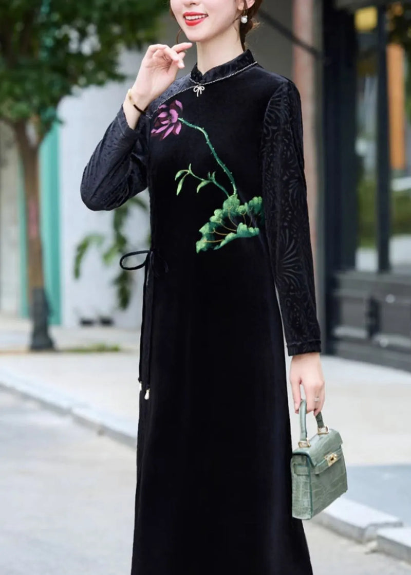 Black Print Tie Waist Silk Velour Vacation Long Dresses Long Sleeve
