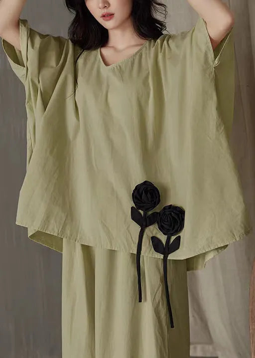 Green T Shirt and Wide Leg Pants Cotton Two Piece Set V Neck Batwing Sleeve