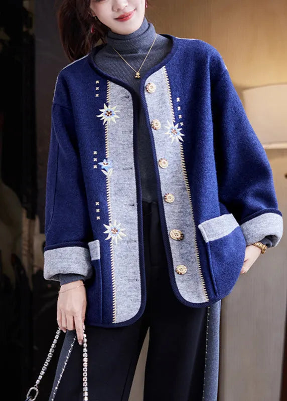 Navy Embroidered Button Woolen Coats Fall