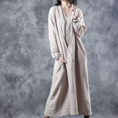 French Blackapricot V Neck Patchwork Pockets Fall Knit Long Sleeve Maxi Dress