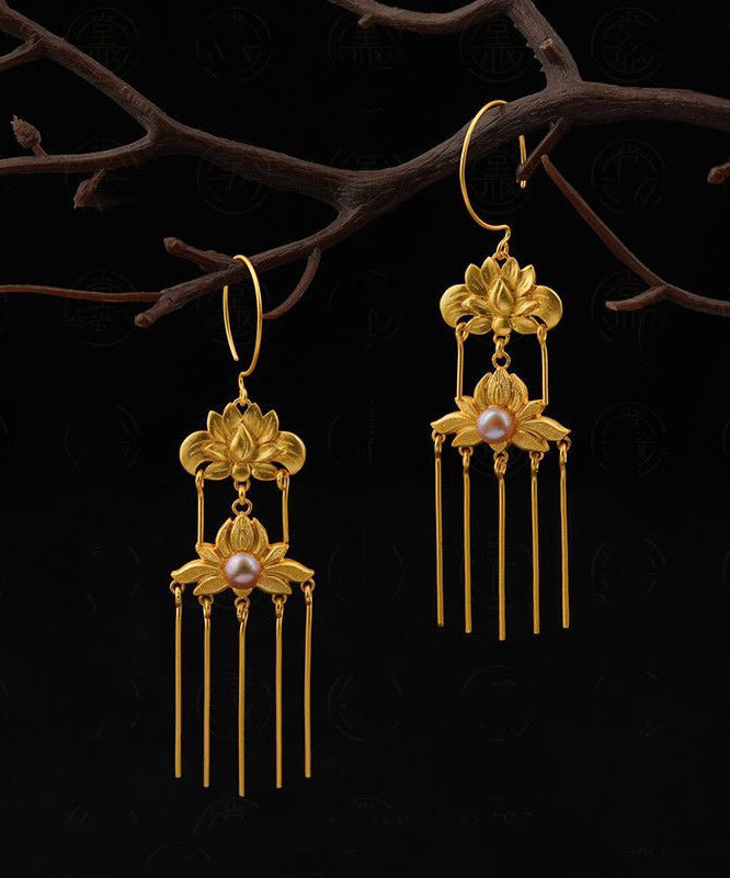 Gold Sterling Silver Overgild Pearl Tassel Drop Earrings