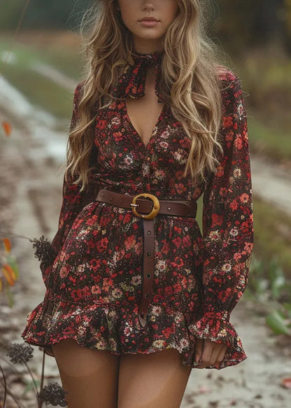 Style V Neck Ruffled Print Cotton Mini Dress Long Sleeve