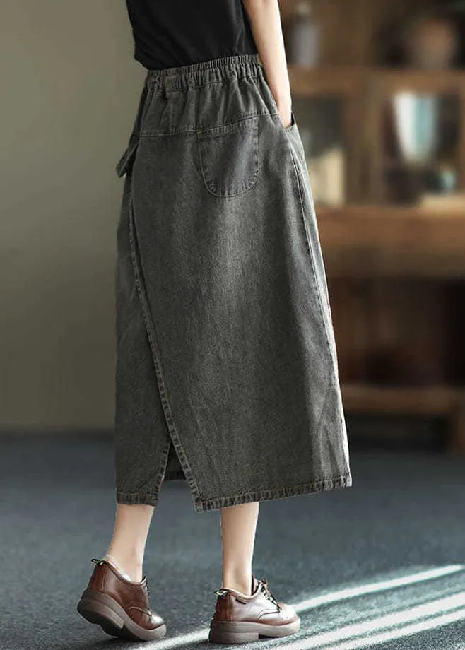 Black Side Open Embroideried Pockets Cotton Denim Ripped Skirt Summer