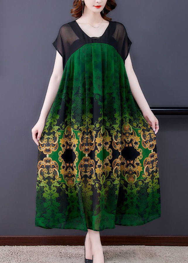 Green V Neck Patchwork Print Chiffon Dresses Short Sleeve