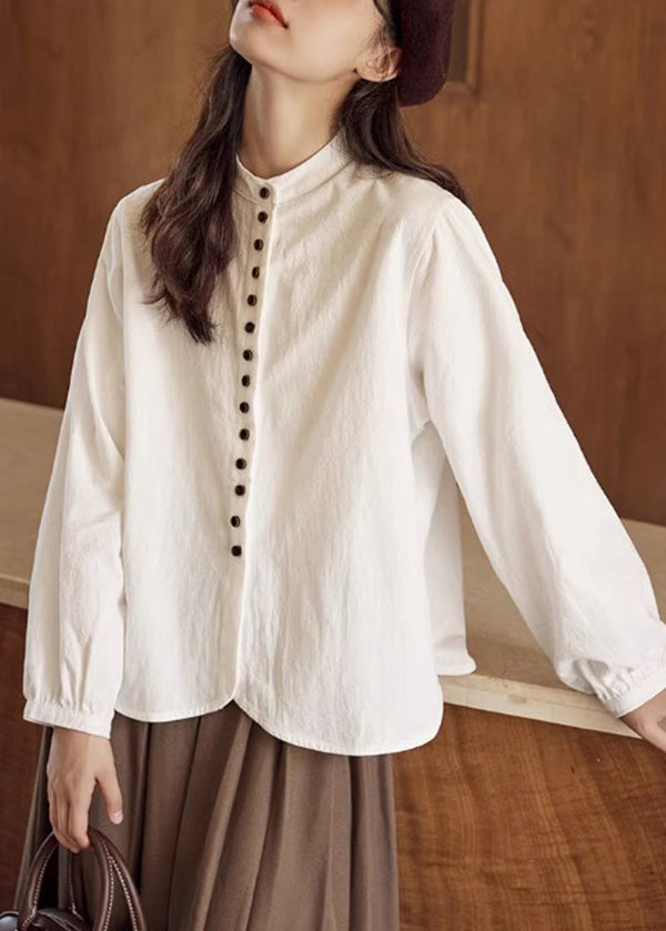 Loose Beige Stand Collar Button Cotton T Shirts Fall