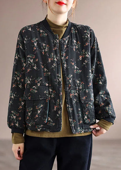 Black Stand Collar Pockets Fine Cotton Filled Jacket Spring