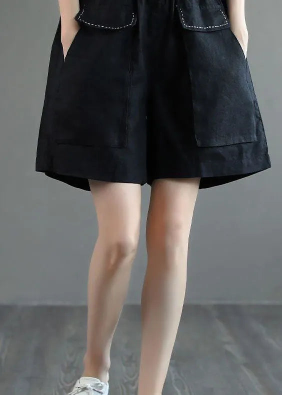 Black Pockets Patchwork Linen Shorts Summer