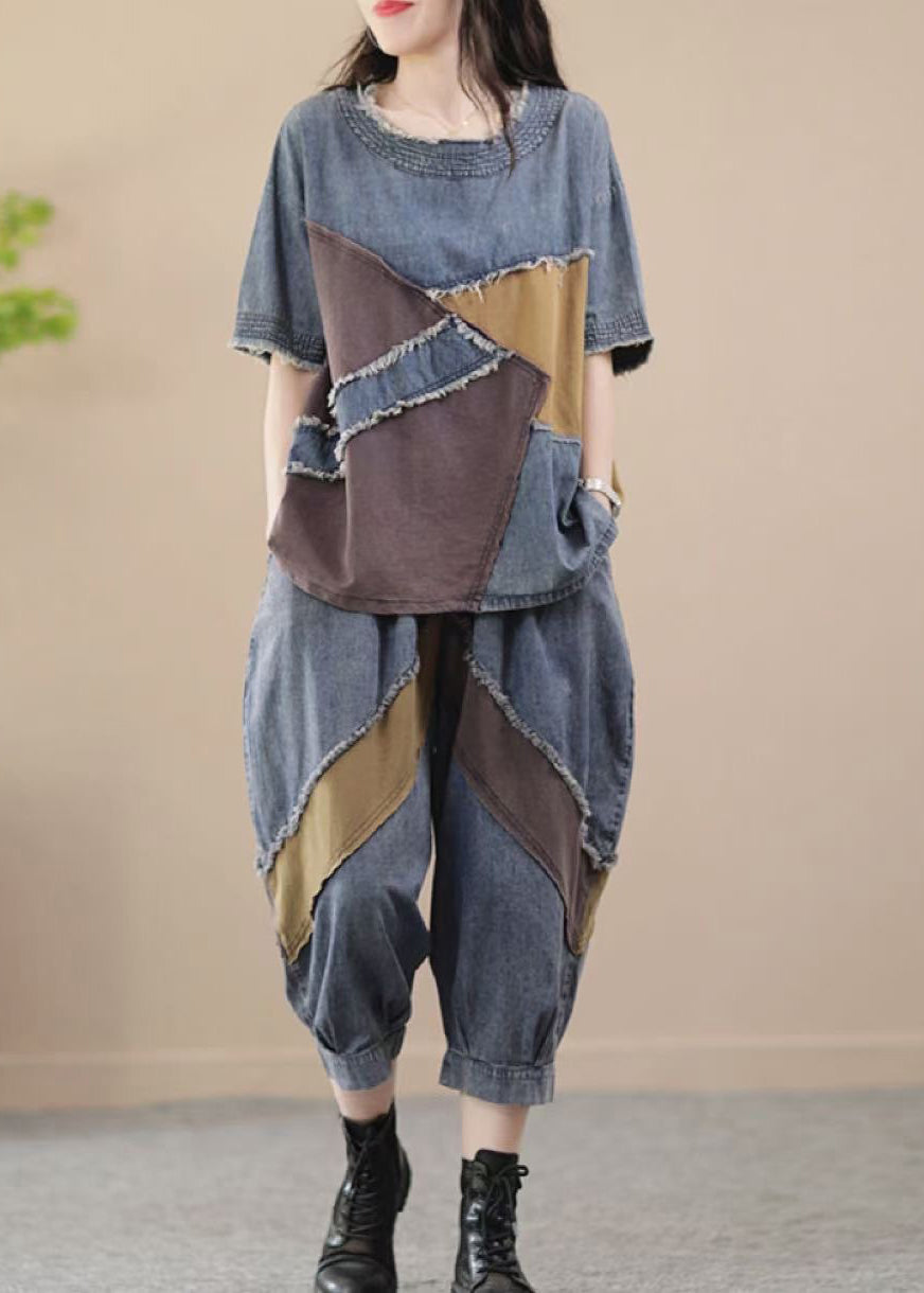 Blue O Neck Patchwork Denim 2 Piece Outfit Summer