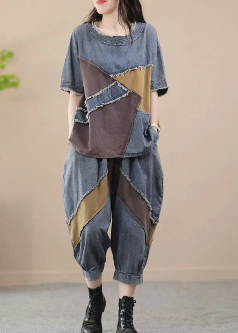 Blue O Neck Patchwork Denim 2 Piece Outfit Summer