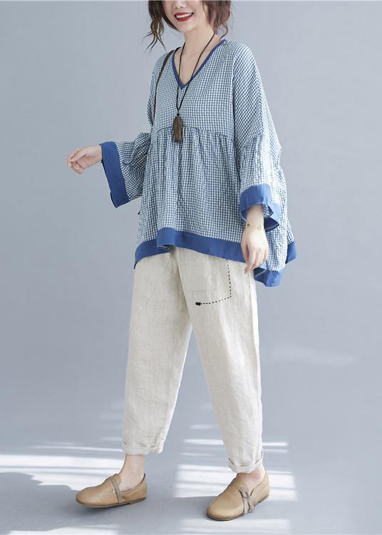 Fine Blue Plaid Patchwork Flare Sleeve Top Spring Summer