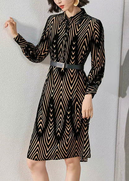 French Striped Peter Pan Collar Button Silk Velour Shirts Dress Fall