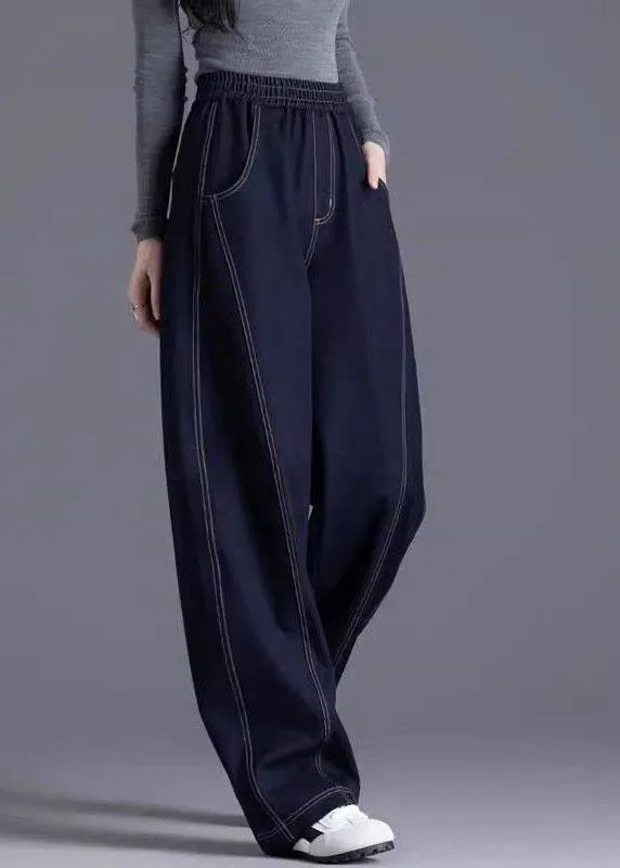 Stylish Navy Pockets Patchwork Elastic Waist Denim Pants Spring