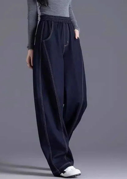 Stylish Navy Pockets Patchwork Elastic Waist Denim Pants Spring
