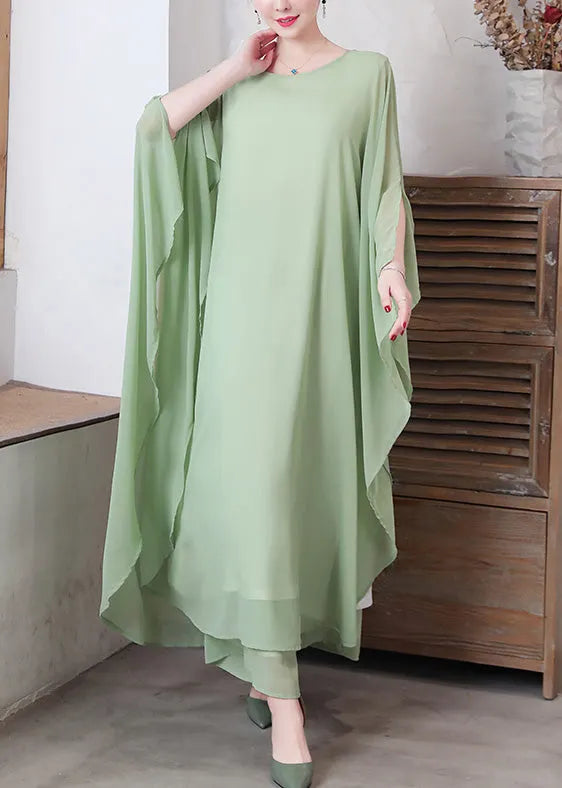 Pea Green Asymmetrical Chiffon Long Dress and Wide Leg Pants Two Pieces Set Spring