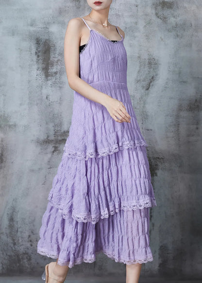 Lavender Wrinkled Patchwork Lace Cotton Sundress Summer